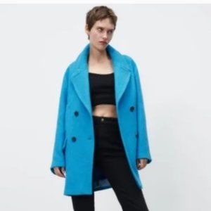 ZARA WOMEN OVERSIZED DOUBLE-BREASTED COAT WOOL BLEND TURQUOISE SIZE M